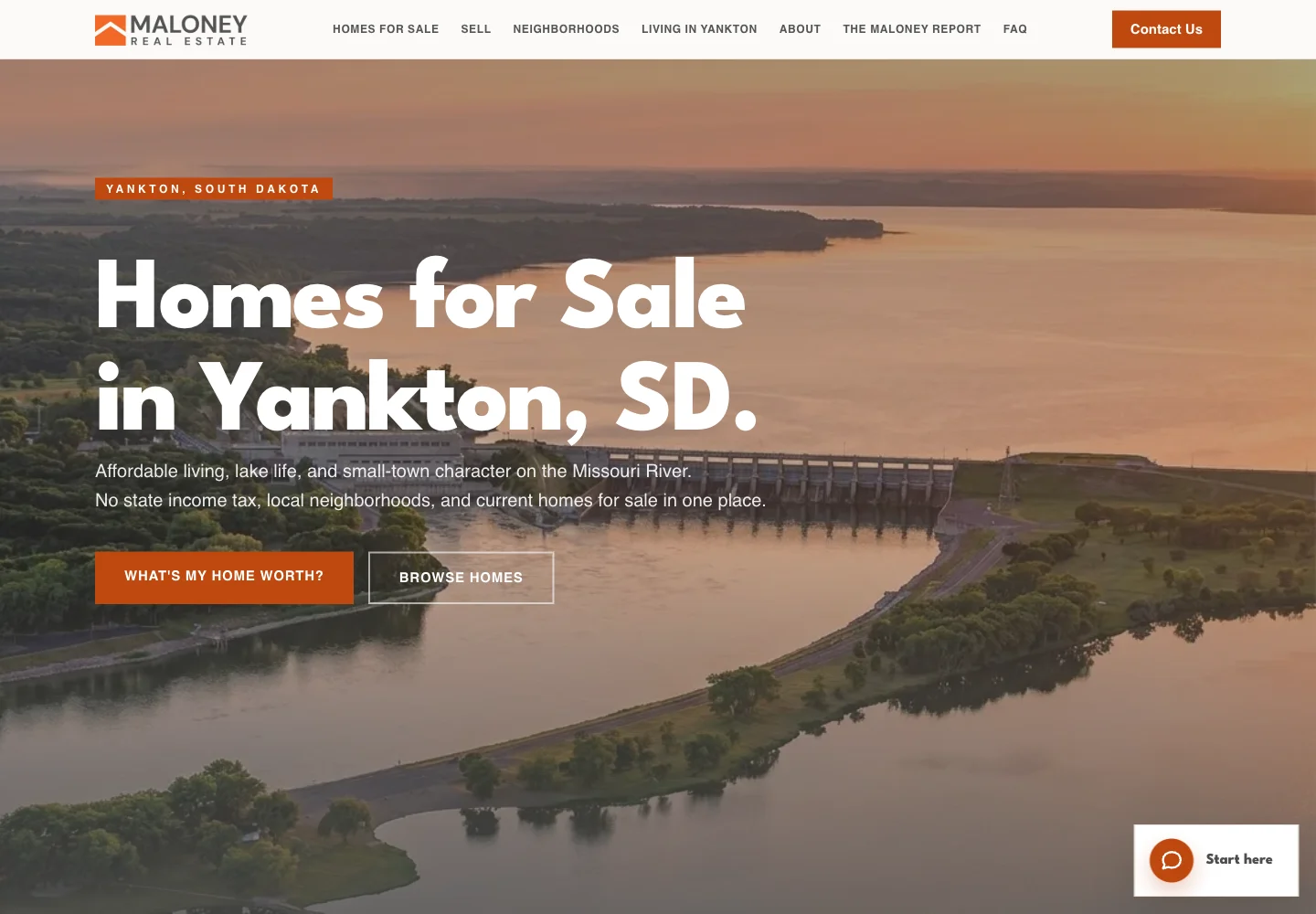 Homes of Yankton website with its Missouri River sunset, property search, and local real estate guidance