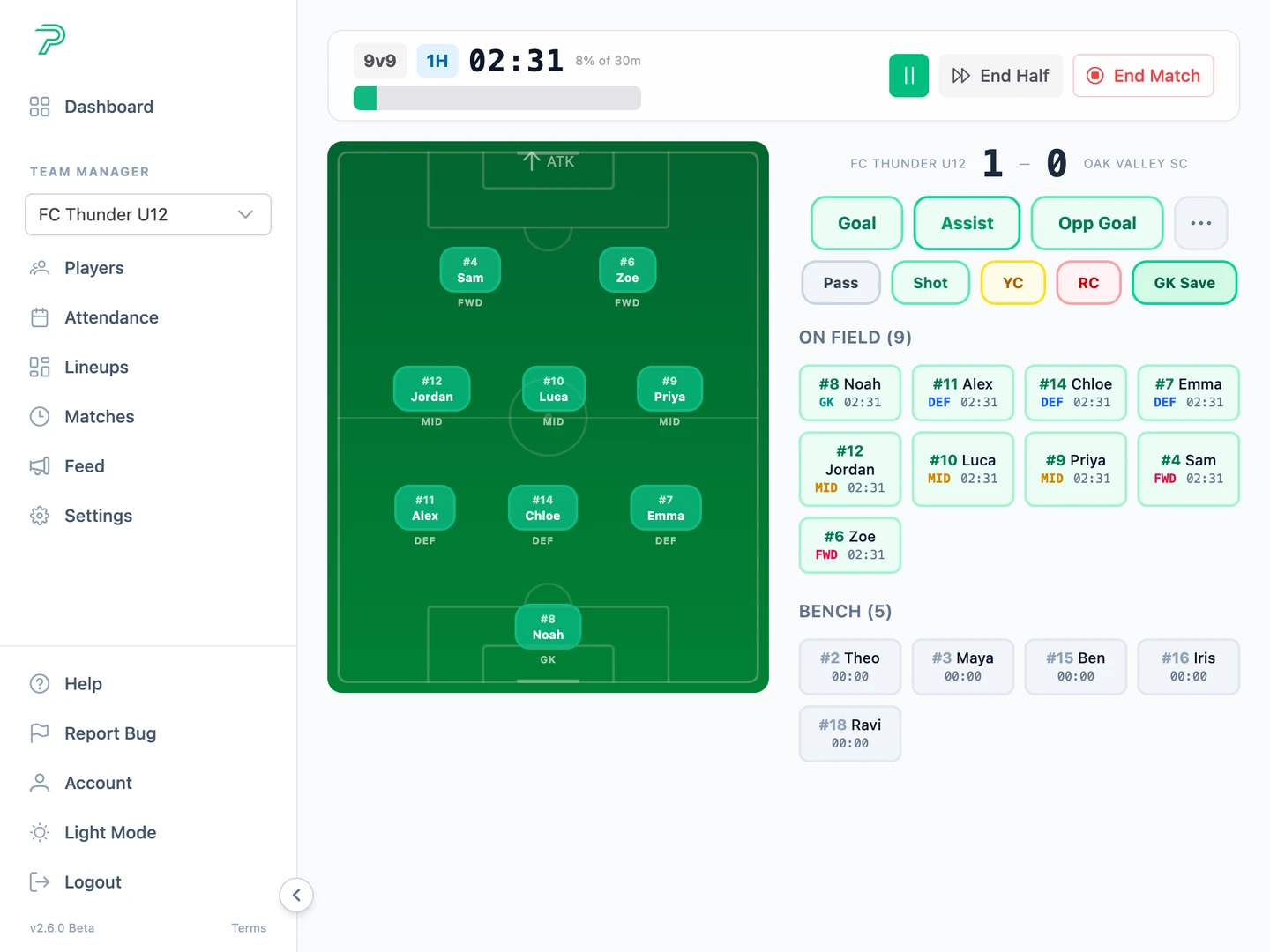 Pitch Planner app showing a soccer formation, live match timer, and player substitution tracker